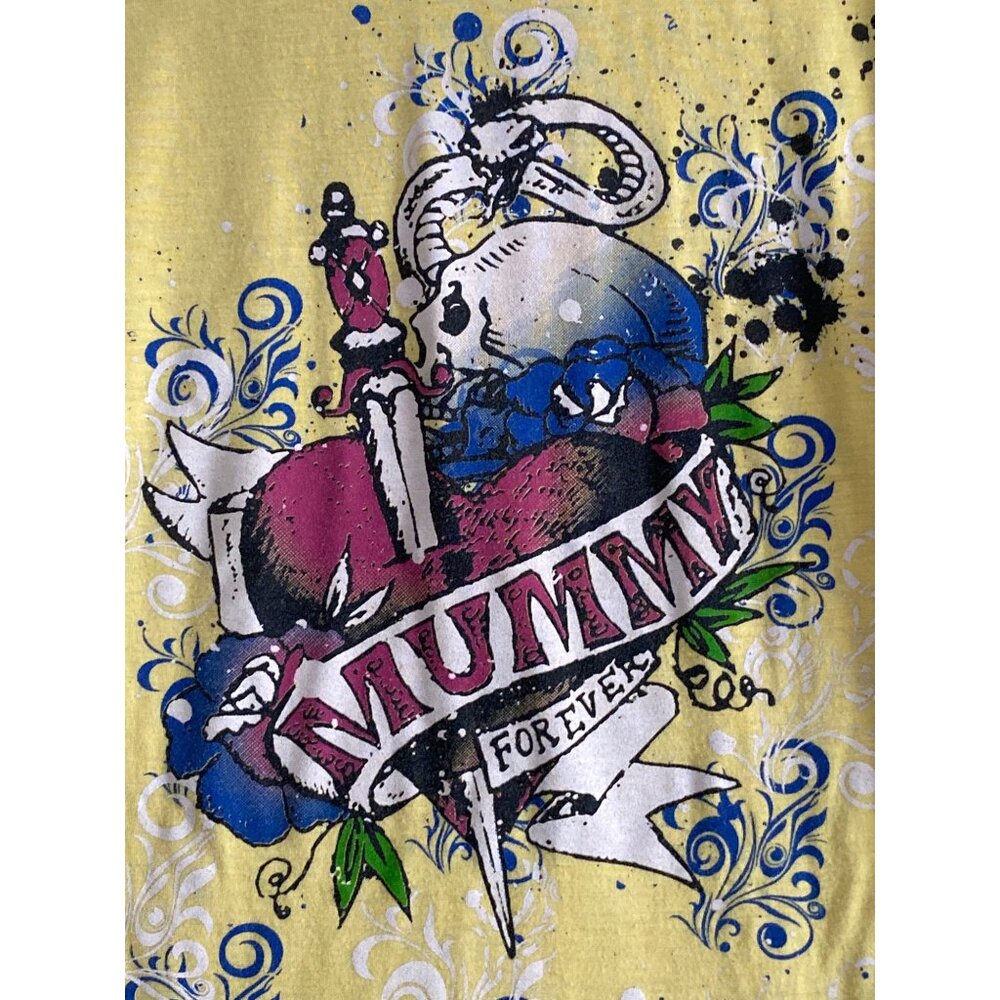 Urban Behavior Top Yellow SS Mummy Forever T Shirt Graphic Tee Skull Dagger Girl